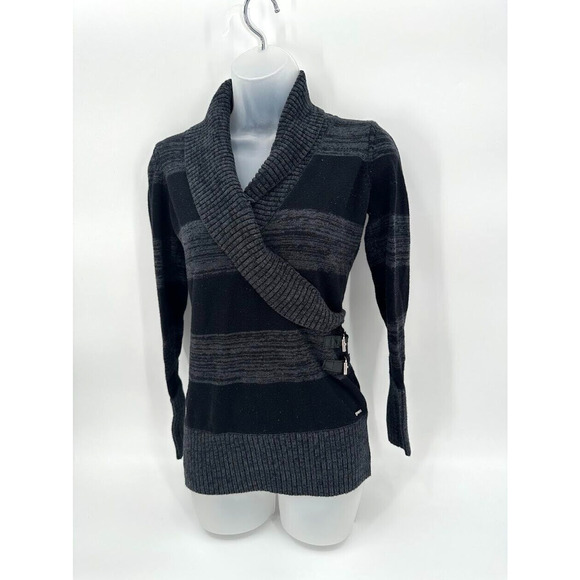 Guess Black Striped Shawl Collar Buckle Long Sweater Top Size S/P Y2K Preppy - Picture 1 of 7